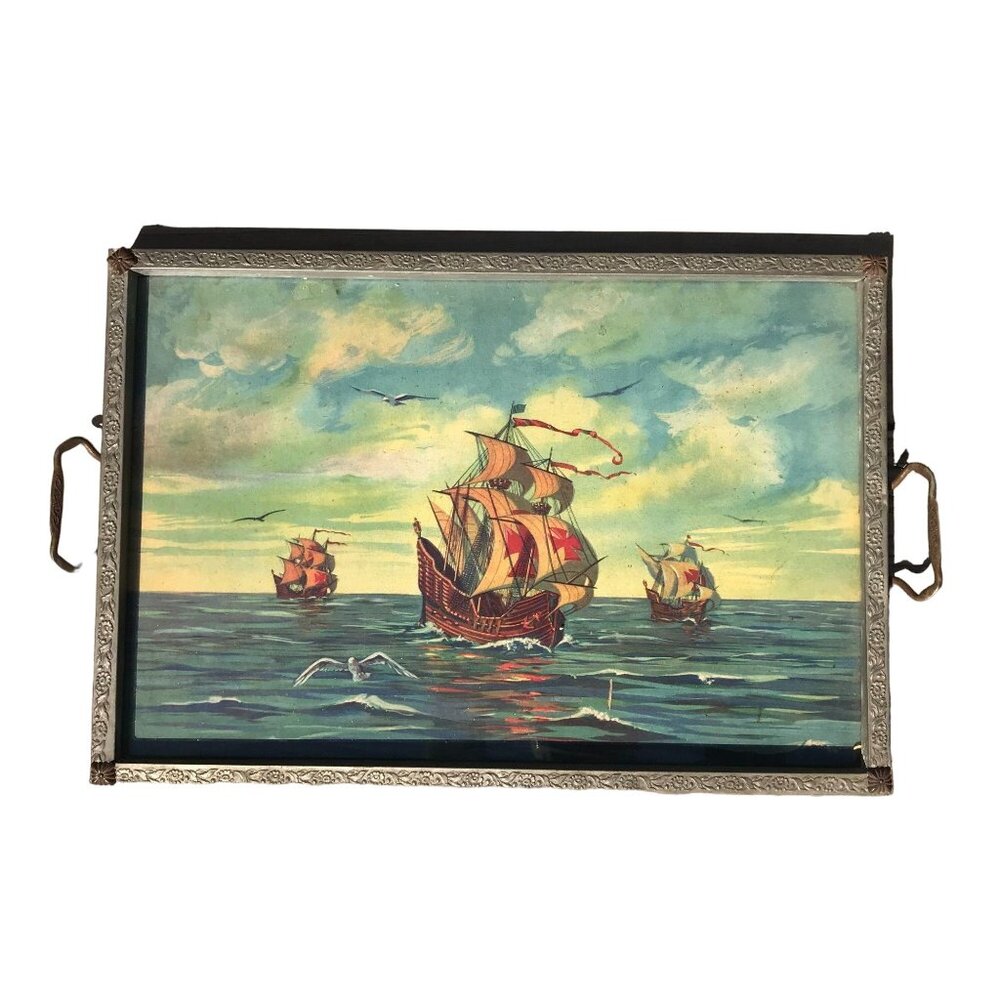 Vintage Metal Serving Tray, Frame with Glass Bottom, Lithograph of Ships, Nautic